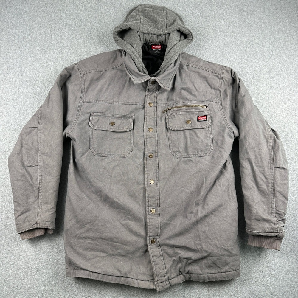 Wrangler Jacket Mens Large Gray Workwear Hooded Quilted Lined Canvas Coat 55253